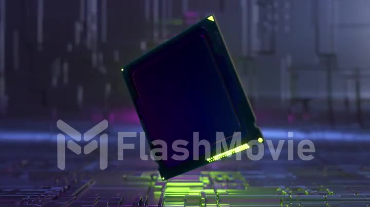 AI concept. The microchip rotates above the floor. Blue neon light. Close-up. Computer. 3d animation of a seamless loop.