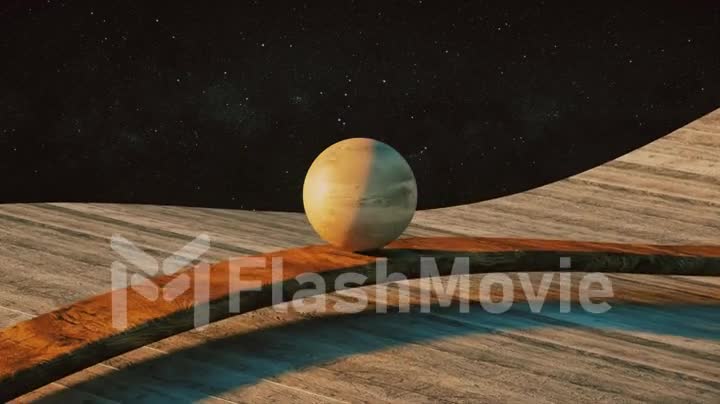 A wooden ball rolling along a wooden geometry on a cosmic background. Satisfying video. Smooth light, realistic dynamics. 3d animation of a seamless cycle