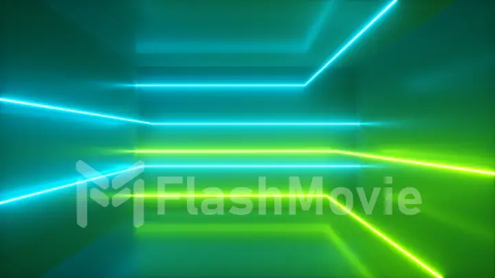Abstract background, moving neon rays, luminous lines inside the room, fluorescent ultraviolet light, blue green spectrum, 3d illustration