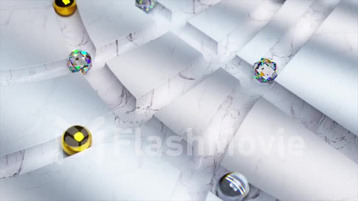 Diamond and gold and glass balls roll through the white marble labyrinth. 3d animation of seamless loop