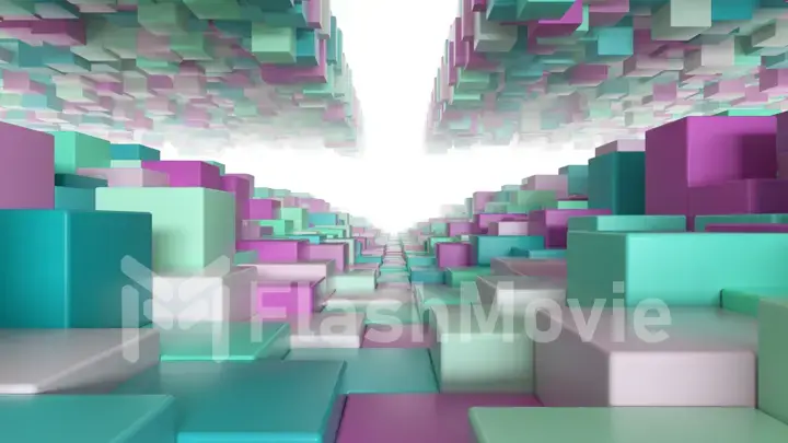 Abstract geometric tunnel made of green pink cubes with random movement. 3d illustration