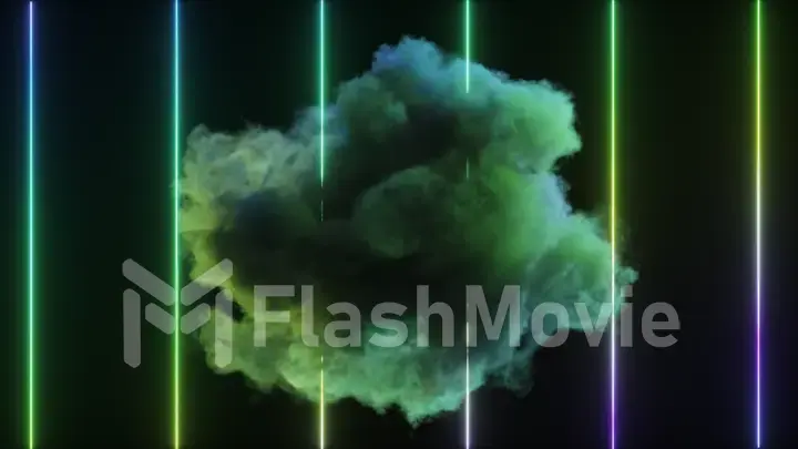 Bright mystical cloud rotates against the background of neon vertical lines. Smoke. Fantastic modern design. Blue green