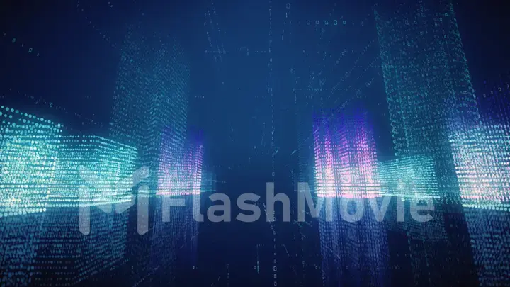 3d illustration abstract flight in a virtual digital city in a binary code space