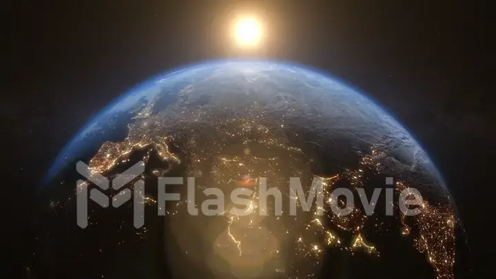 Planet earth from space. Beautiful sunrise world skyline. Illustration contains space, planet, galaxy, stars, cosmos, sea, earth, sunset, globe. 3d illustration. Images from NASA