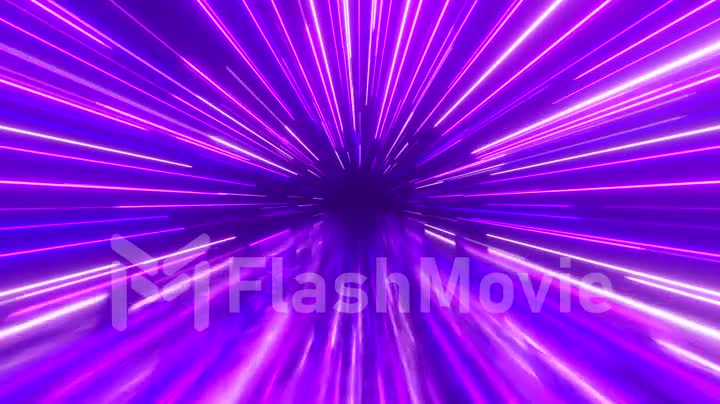 Flying in space with luminous neon lines. Hyperspace. Modern ultraviolet spectrum of light. Purple color. Seamless loop 3d render