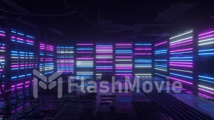 Neon background. Purple and blue neon background appears and disappears. Bright vibrant neon background. Technological space. Room. 3d illustration