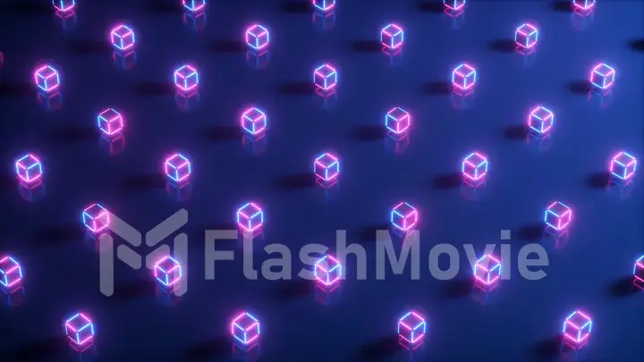 Abstract neon 3d illustration of geometric shapes. Computer generated. Modern colorful laser lighting background, motion design