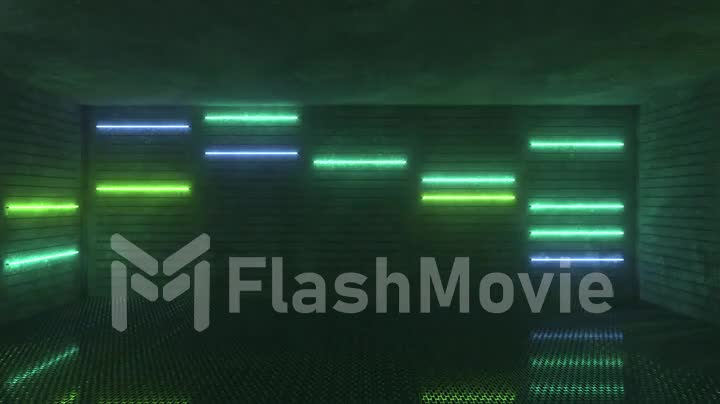 Neon background. Green and blue neon background appears and disappears. Bright vibrant neon background. Technological space. Room. Seamless looping 3d animation