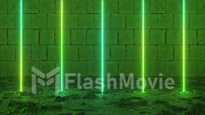 Vertical luminous lines, ultraviolet spectrum, green neon lights, laser show, nightclub, equalizer, abstract fluorescent background, optical illusion, virtual reality. Seamless loop