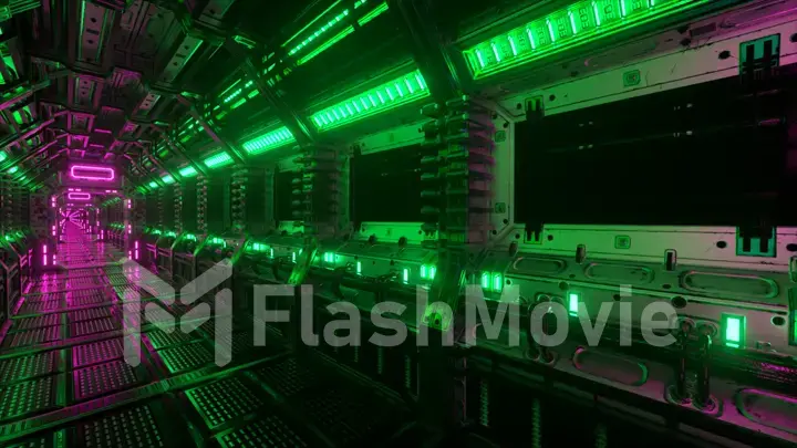 Flying into spaceship tunnel, sci-fi spaceship corridor. Futuristic technology for technical titles and backgrounds. Internet traffic graphics, speed. 33d illustration