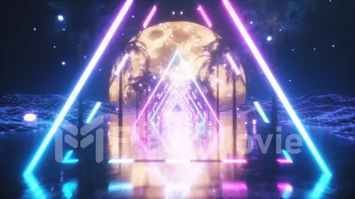 80's Abstract retro futuristic background. 3d illustration with ultraviolet neon triangle modern lights. Retro wave stylization. Flying in space with particles and palm trees