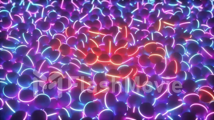 3D illustration of a pile of abstract neon ultraviolet colorful glow spheres and balls, rolling and falling.