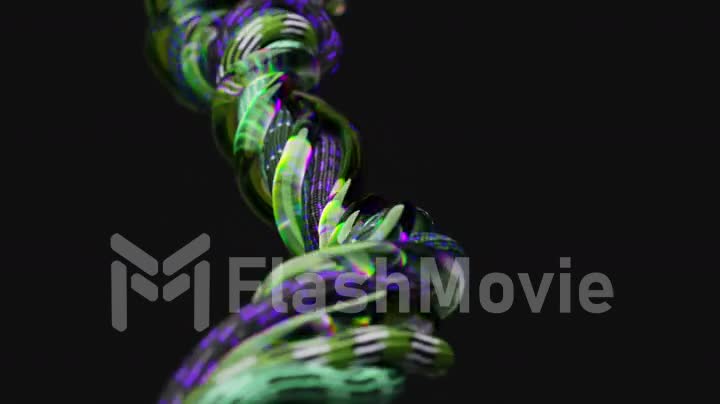 Wires and ropes randomly move, twist and unwind on a black background. Green and purple neon color. Wave. 3d animation