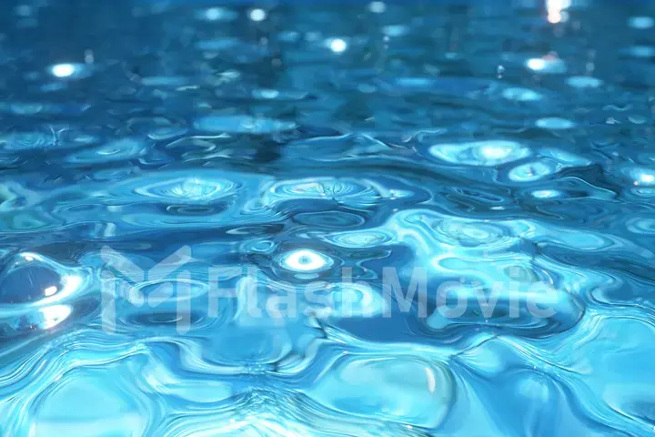 Pure blue water in the pool with light reflections. Water droplets falling to the surface. 3d illustration
