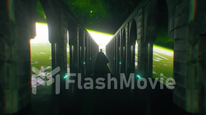 A man dressed in cloth walking down a space sci fi corridor with neon lighting. Let the planet earth. Fantastic concept of the future. The concept of human cognition of space. 3d animation