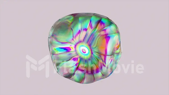 Abstract sphere made of iridescent transparent liquid changes shape on a white isolated background. Light refraction.