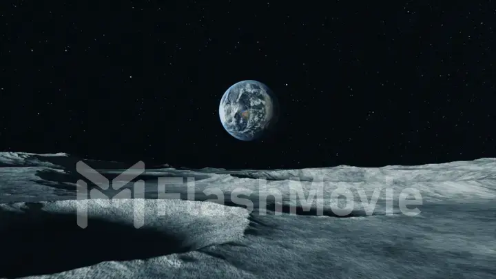 View of the planet Earth from the surface of the Moon. Airless space. Simulated drone flight. High quality 3d illustration