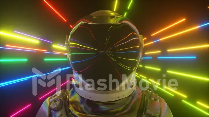 Astronaut in neon space close-up. Bright rays of neon fly by. 3d illustration