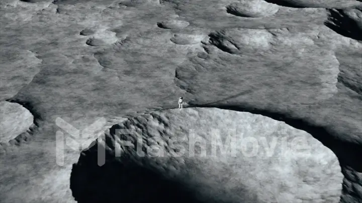 An astronaut stands on the surface of the moon among craters against the backdrop of the planet earth. Outer space. Ultra realistic 3d illustration