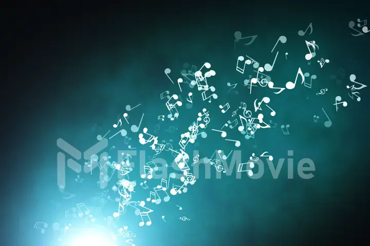 Floating musical notes on an abstract blue background with flares 3d illustration