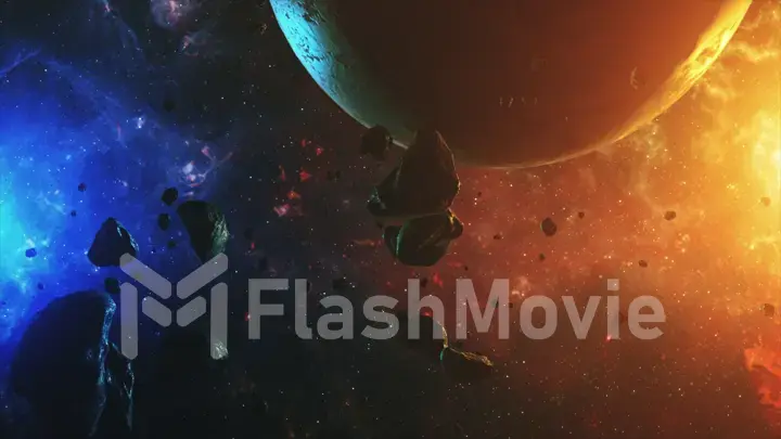 Colorful outer space with asteroids and planet 3d illustration