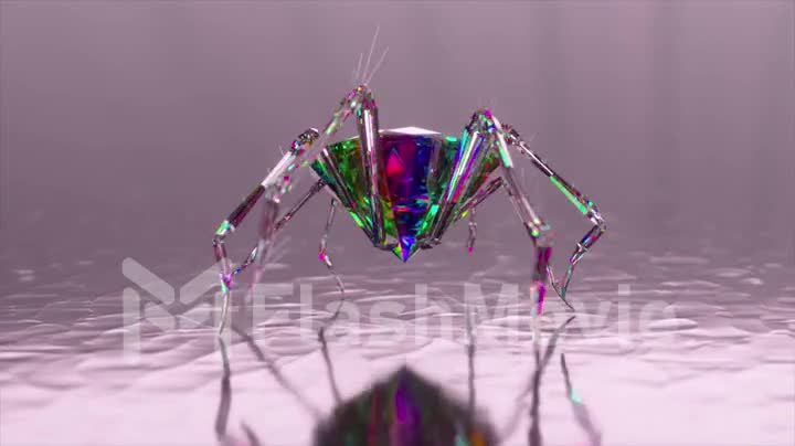 Diamond spider close-up. Body made of large diamond stone. Walking. Diamond spider legs. Abstract glowing background.