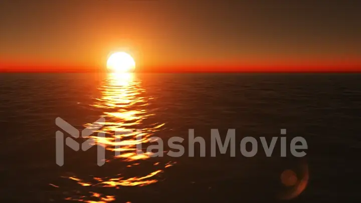 Flying above calm ocean surface on peaceful summer evening at beautiful golden and orange sunset.