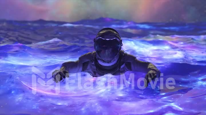 Space abstract concept. The astronaut swims in the blue space water. Neon color. Aurora Borealis. 3d animation