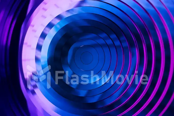 Abstract pattern of circles with the effect of displacement. Modern ultraviolet blue purple neon light. Clean rings animation. Abstract background for business presentation. 3d illustration
