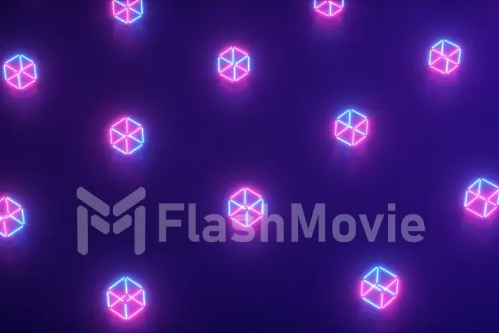 Abstract neon 3d illustration of geometric shapes. Computer generated. Modern colorful laser lighting background, motion design