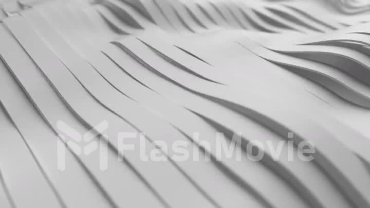 Abstract background with white wavy stripes. Modern black background template for documents, reports and presentations. Sci-fi futuristic. 3D animation of seamless loop