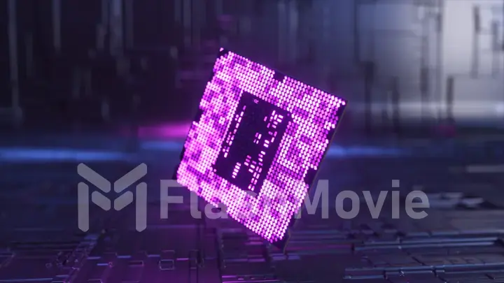 Technological concept. The large chip rotates and glows in neon blue and purple color. Microchip. Close-up.