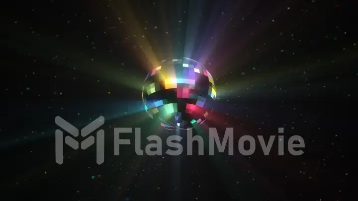 3d illustration rotation of a colorful multi-colored disco ball with particles and rays