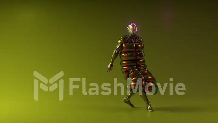 Cyberpunk guy dancing on a disco background. Yellow neon color. Flashing light. Jacket. Helmet. 3d illustration