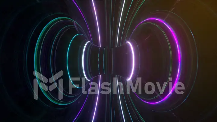 Abstract futuristic neon background with rotating glowing lines, speed of light, ultraviolet rays, twisted electromagnetic vortex. 3d illustration