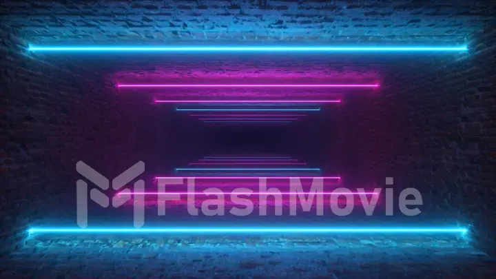 Flying through glowing neon lines creating a brick tunnel, blue red pink violet spectrum, fluorescent ultraviolet light, modern colorful lighting, 3d illustration