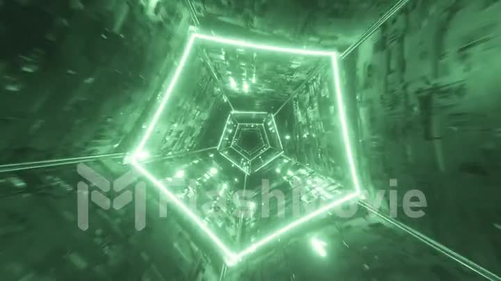 Endless flight in a futuristic technological digital neon tunnel in space. Green lighting. Seamless loop 3d render