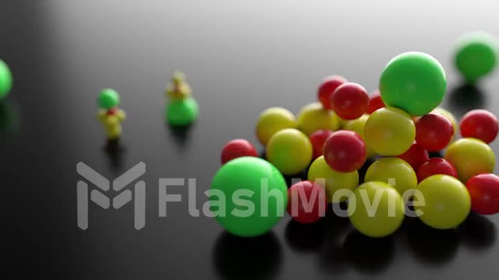 A growing pile of abstract colorful spheres and balls rolling and falling