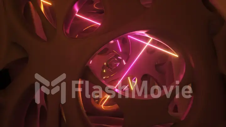 Flying through an abstract alien structure illuminated by neon lights. Modern ultraviolet lighting. 3D illustration