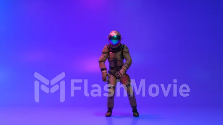 An astronaut in a space suit is dancing on a bright blue background. Abstract background. 3d illustration