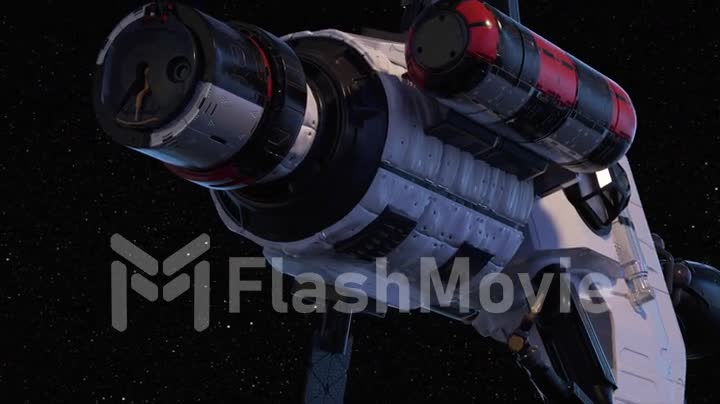 Space travel animation concept. Shuttle. Close-up view of a spaceship. Flight of the ISS over the atmosphere. Universe