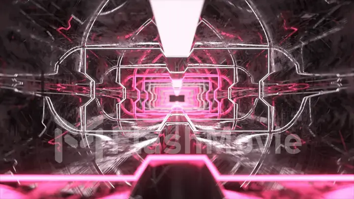 Futuristic animation of flying through a red tunnel with neon lights. 3d illustration