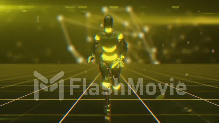 A futuristic humanoid robot, running through a sci-fi grid surface. 3d illustration