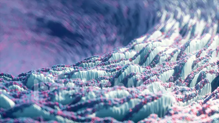 Abstract wave displacement surface. Abstract planet surface. Noise texture makes a highs and lows surface details. Blue pink spectrum. 3d illustration