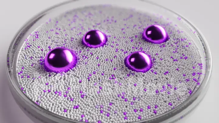 Several purple spheres are spinning in a circle in glassware and pushing small spheres apart. Abstract physical background concept of interaction. 3d illustration