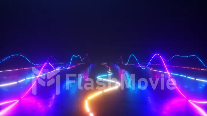 Flying over a colorful bright neon glowing graphic equalizer. World of music. Ultraviolet signal spectrum, laser show, energy, sound vibrations and waves.