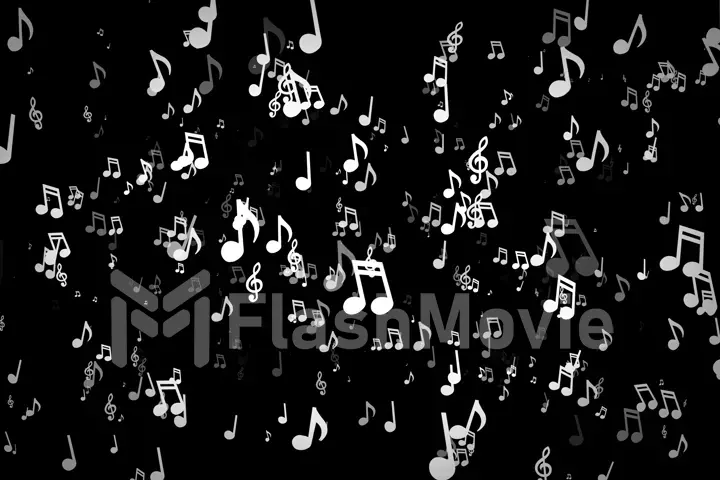 White musical notes move to the camera on a black background 3d illustration