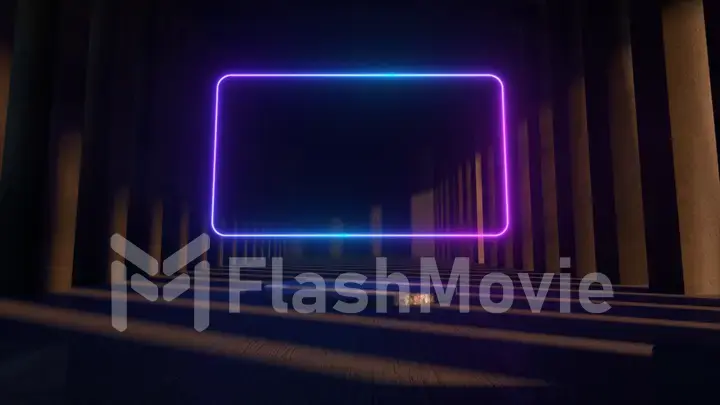 Bright neon frame in the middle of a stone concrete museum. Copy space. Modern light spectrum. Architectural neon animation background 3d illustration