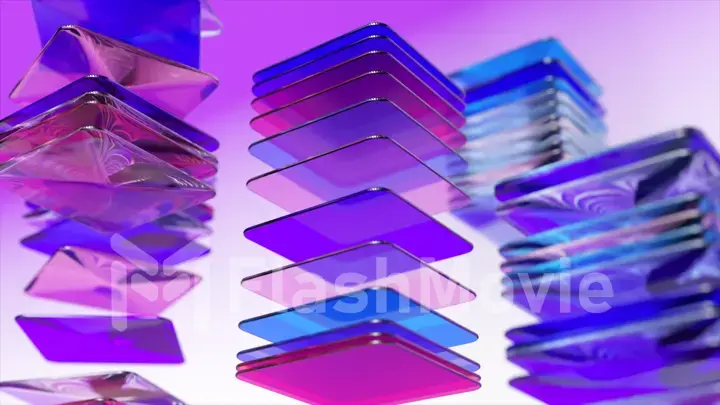 Colored abstract cards are stacked. Transparent flat square objects. Blue color. Abstract background. 3d illustration