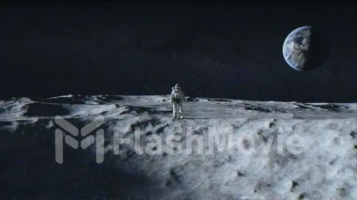 An astronaut stands on the surface of the moon among craters against the backdrop of the planet earth. Outer space. Ultra realistic 3d animation. The effect of old tape and distorted data.